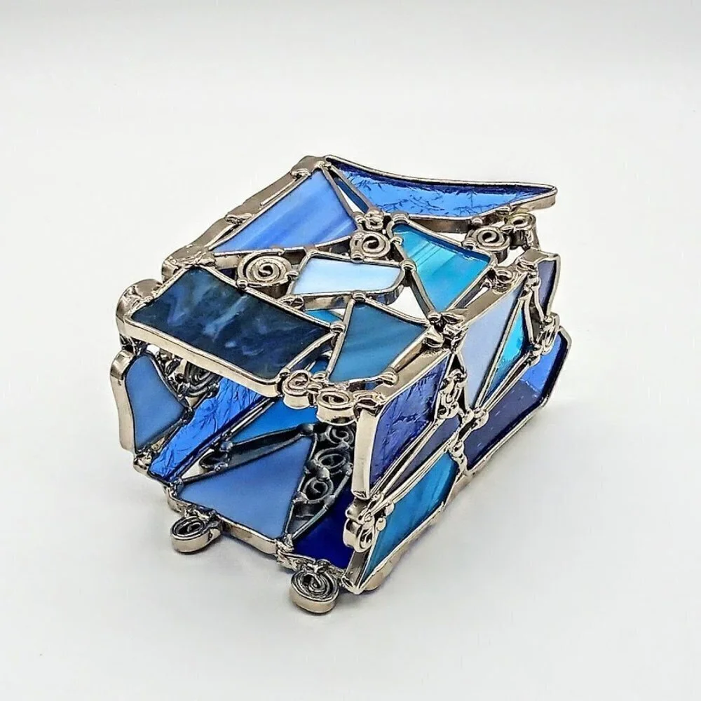 Blue Stained Glass Silver Swirl Candle Holder